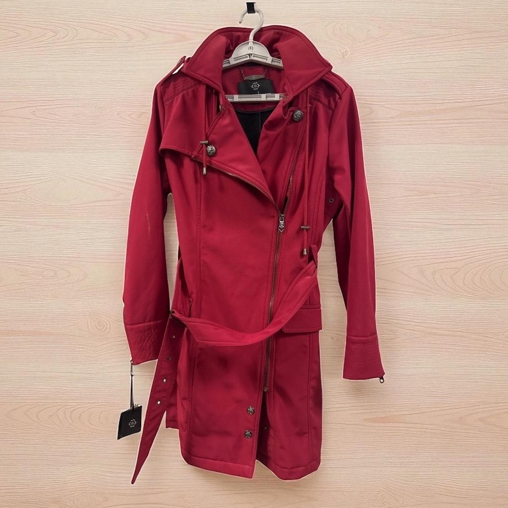 Nanette Lepore Red Trench Coat Belted Moto‎ Style Jacket Size Large
